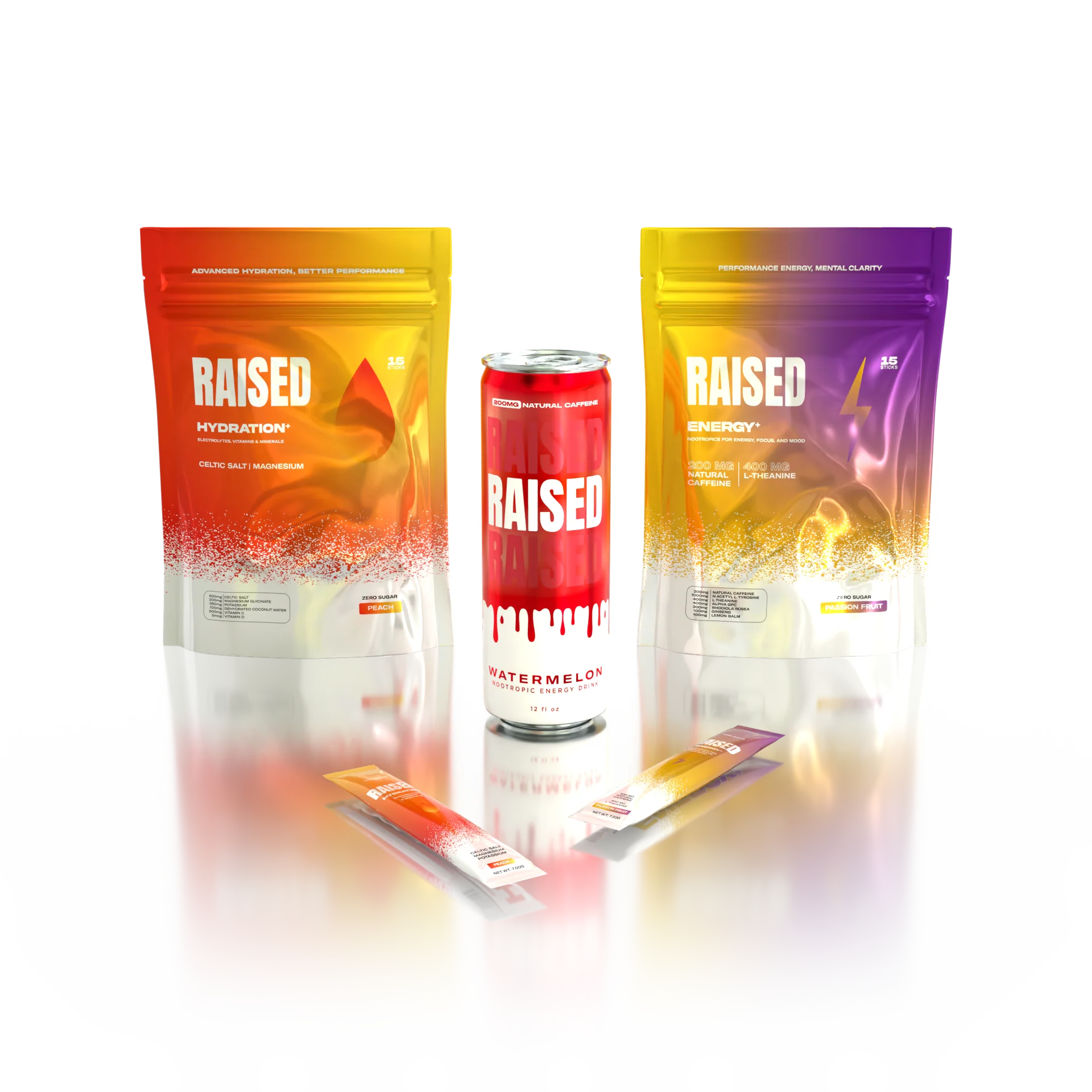 RAISED Energy, Energy+, and Hydration cans